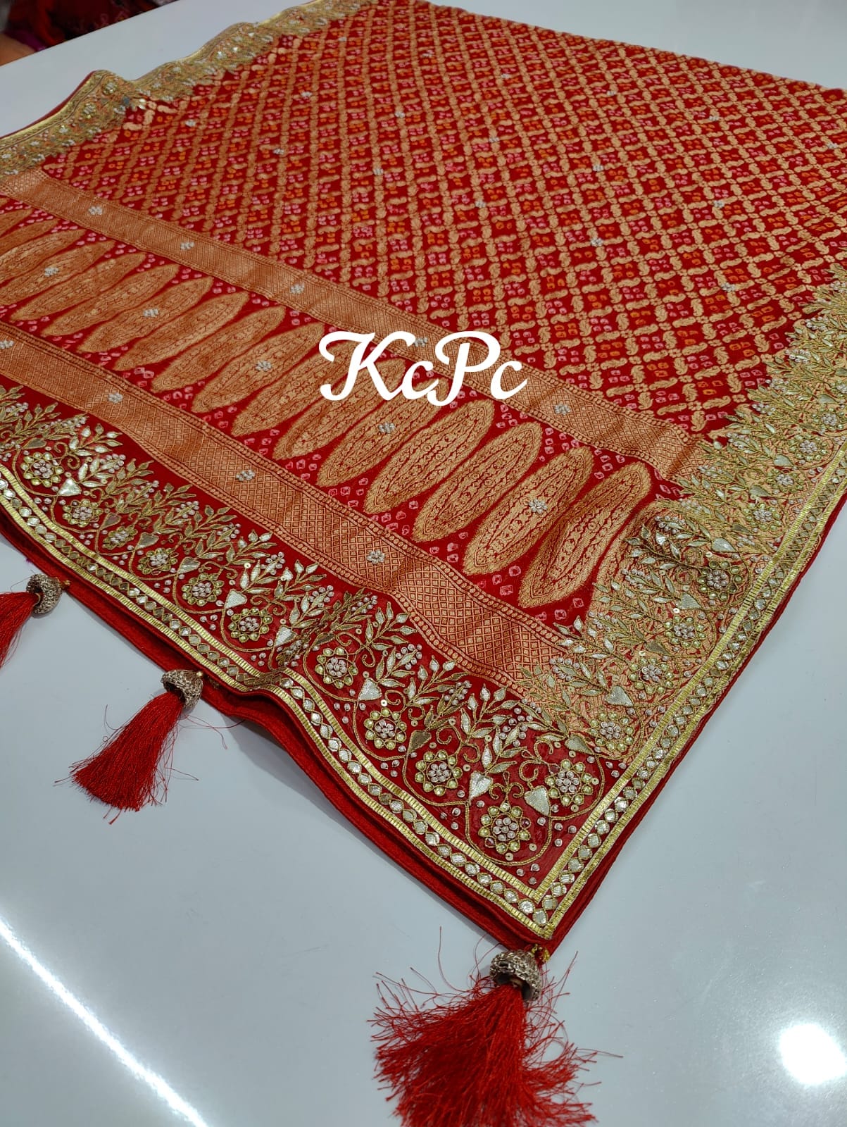 Pure Khaddi Georgette Bandhani Bridal Dupatta Kcpc Nr Red