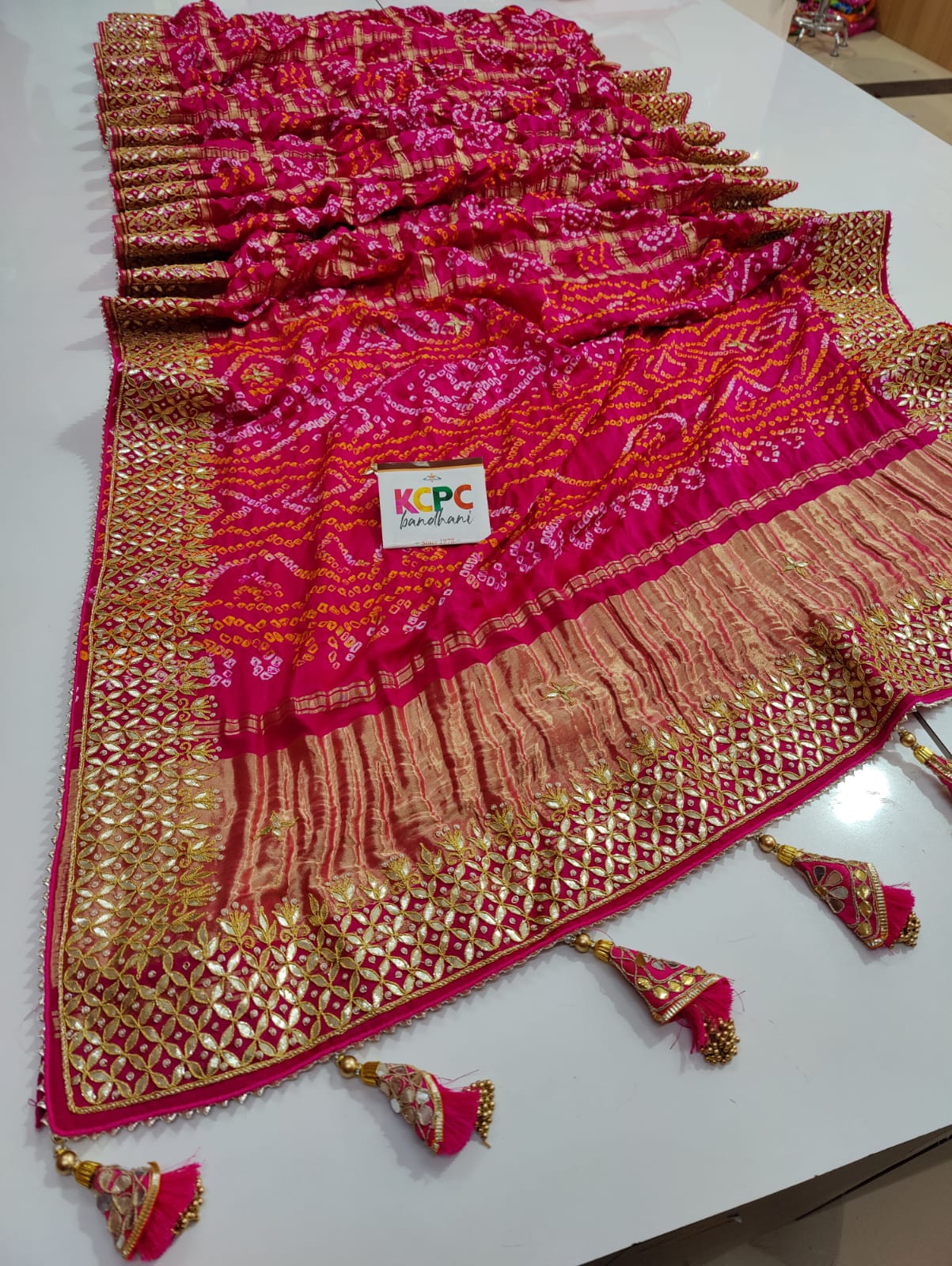 Pure Gaji Silk Bandhani Ghatchola Gotapatti Saree With Blouse Or Kcpc Rani