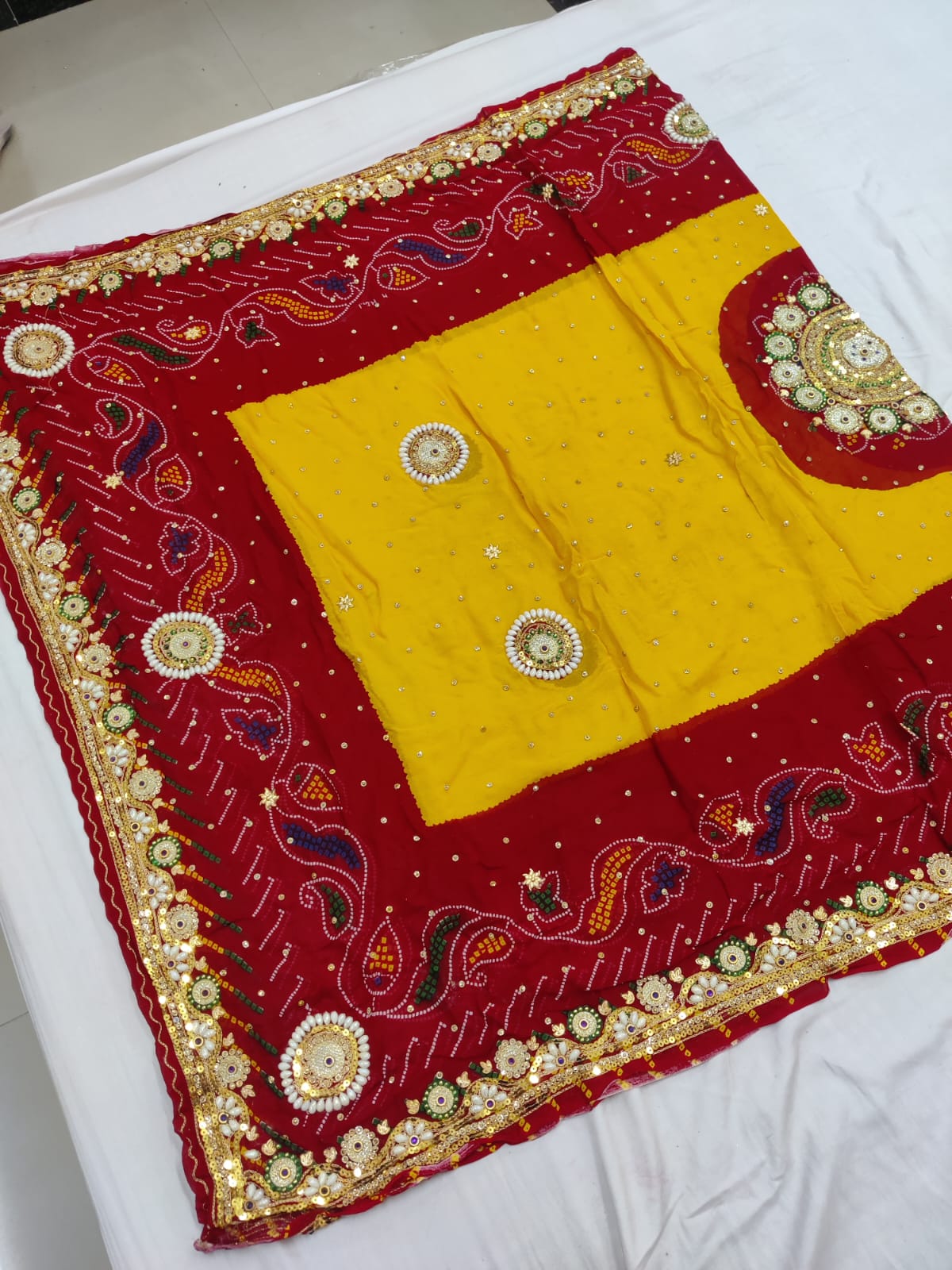 Rajasthani Marwadi Chunri Pila Dupatta Handmade Stone Diamonds Work Bandhani Dyeing Or Kcpc Red