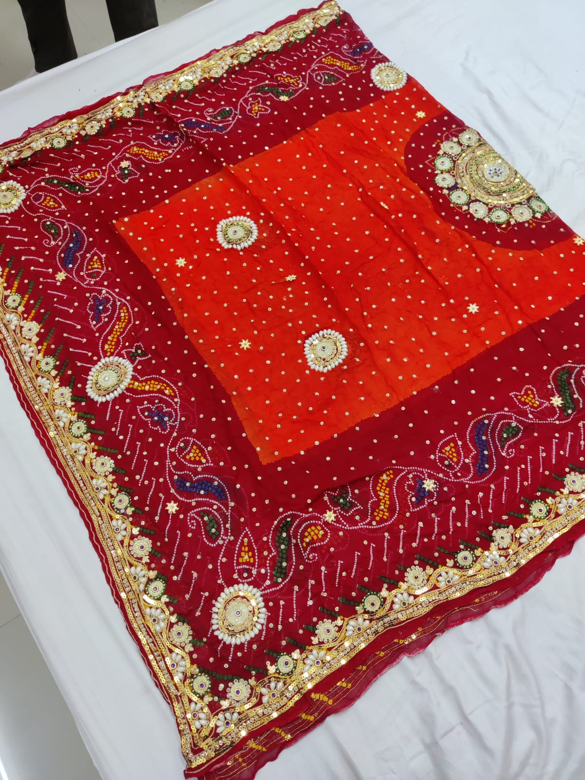 Rajasthani Marwadi Chunri Pila Dupatta Handmade Stone Diamonds Work Bandhani Dyeing Or Kcpc Marroun