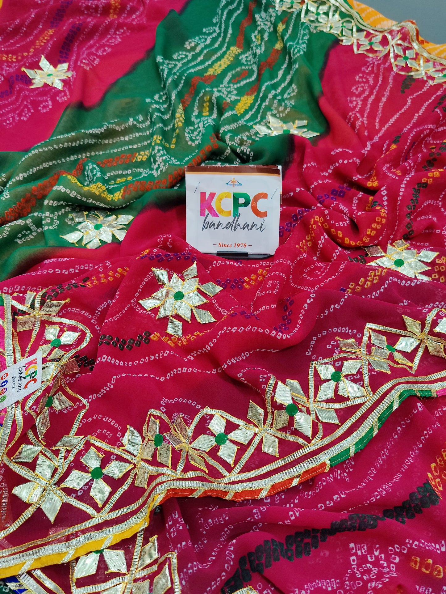 New Georgette Multicolored Pachrangi Bandhej Kacha Gotapatti Work saree Mhs