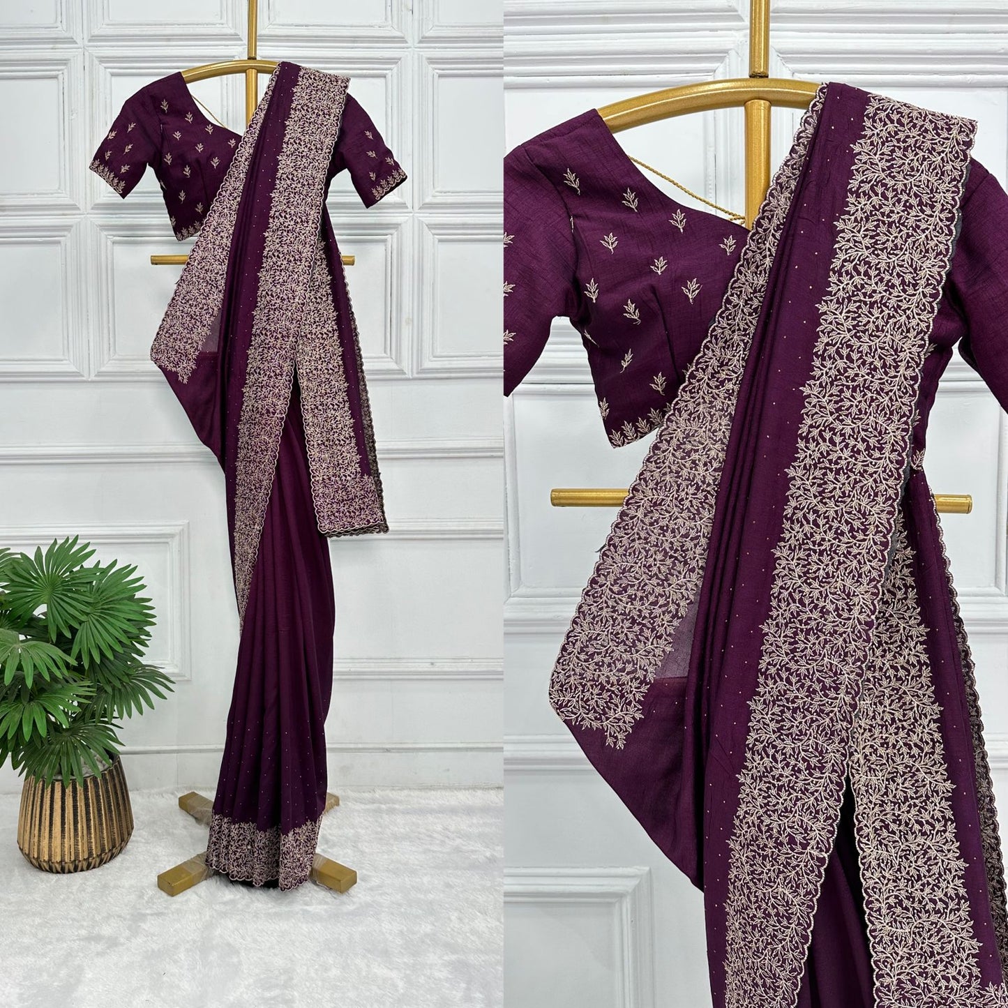 Latest heavy blooming vichitra silk with embroidery and diamond work HM