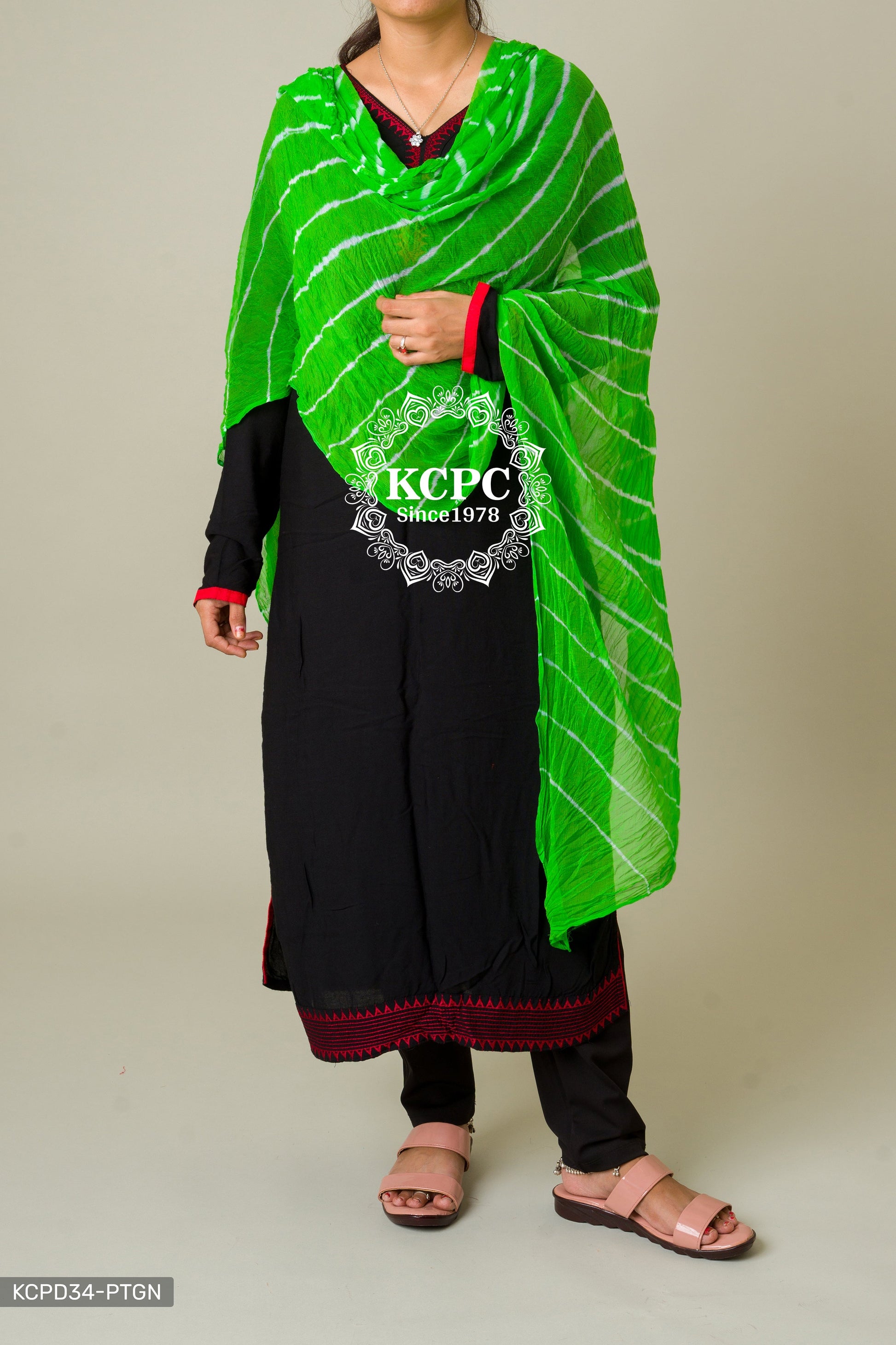 Kcpc Originals Handmade Chiffon Leheriya Dupattas Parrot Green Dupatta