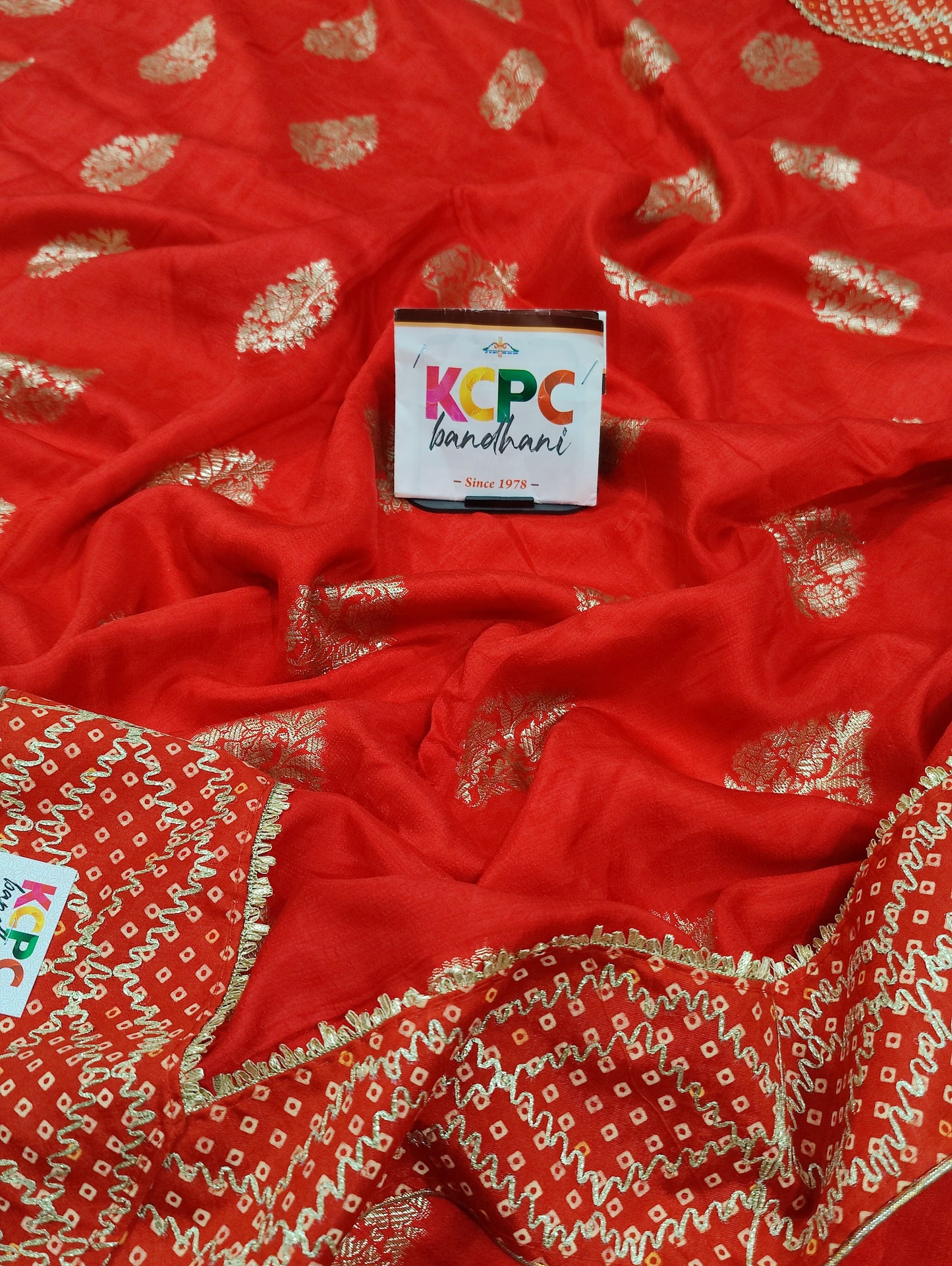 KCPC Exclusive Designer Maheshwari Cotton Silk Bandhani Border Gotapatti Saree with blouse