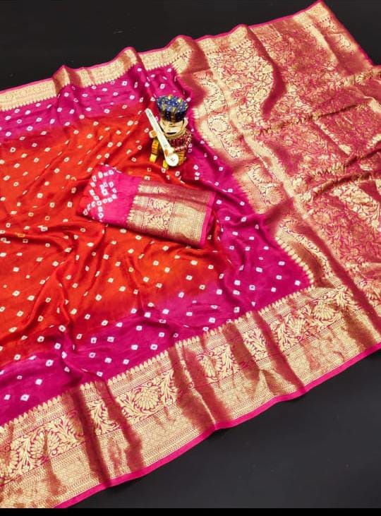 New Viscos Silk Bandhani Saree With Zari Border kcpc sam