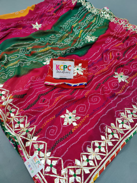 New Georgette Multicolored Pachrangi Bandhej Kacha Gotapatti Work saree Mhs