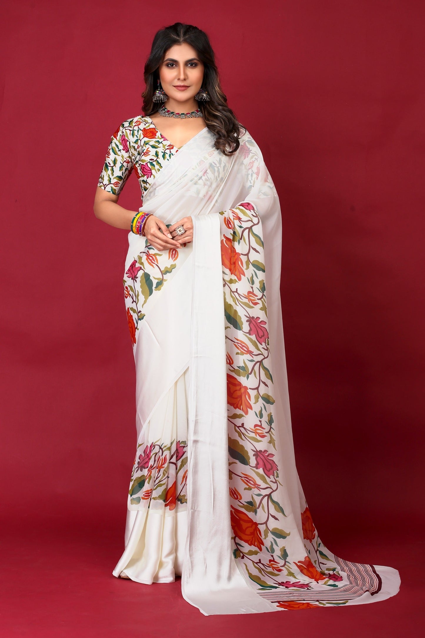 Pure chiffon Satin patta floral print designer saree with blouse srd