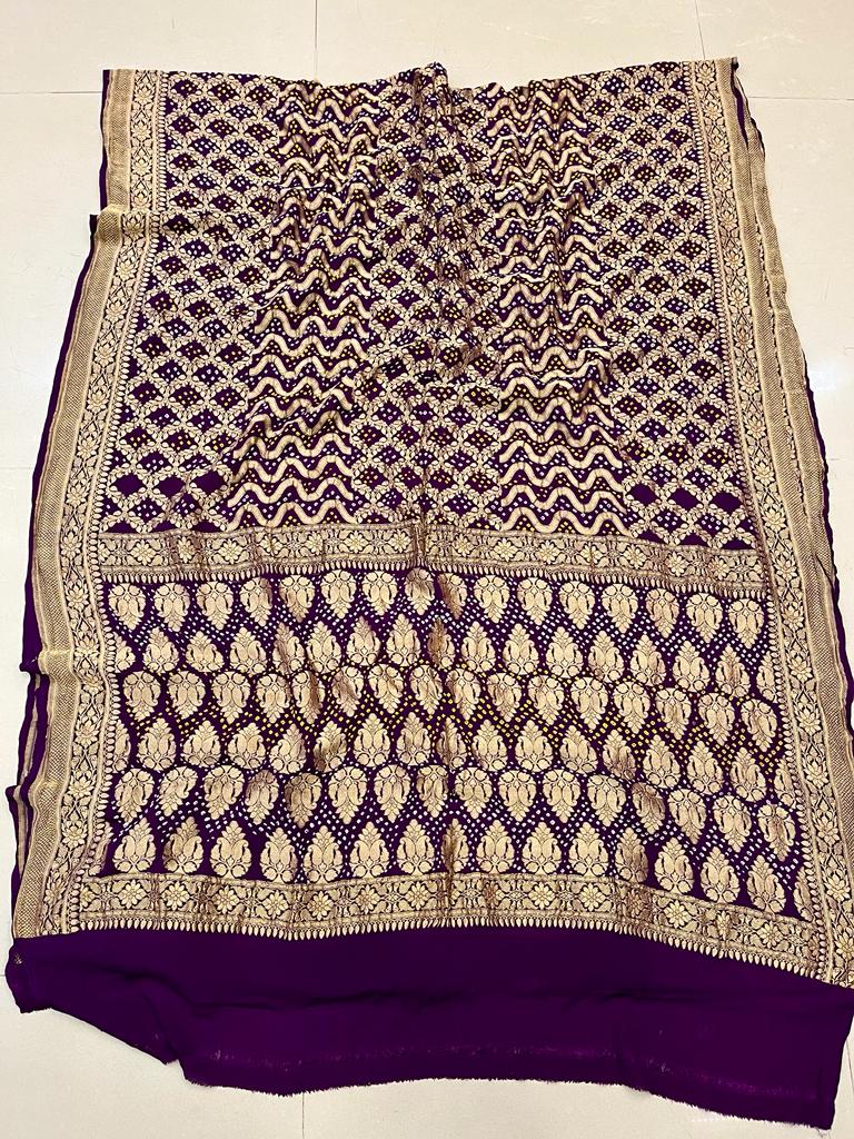 Pure Georgette Beautiful Nim Zari Bandhej Jungalo Banarasi Saree Nr Kcpc Purple