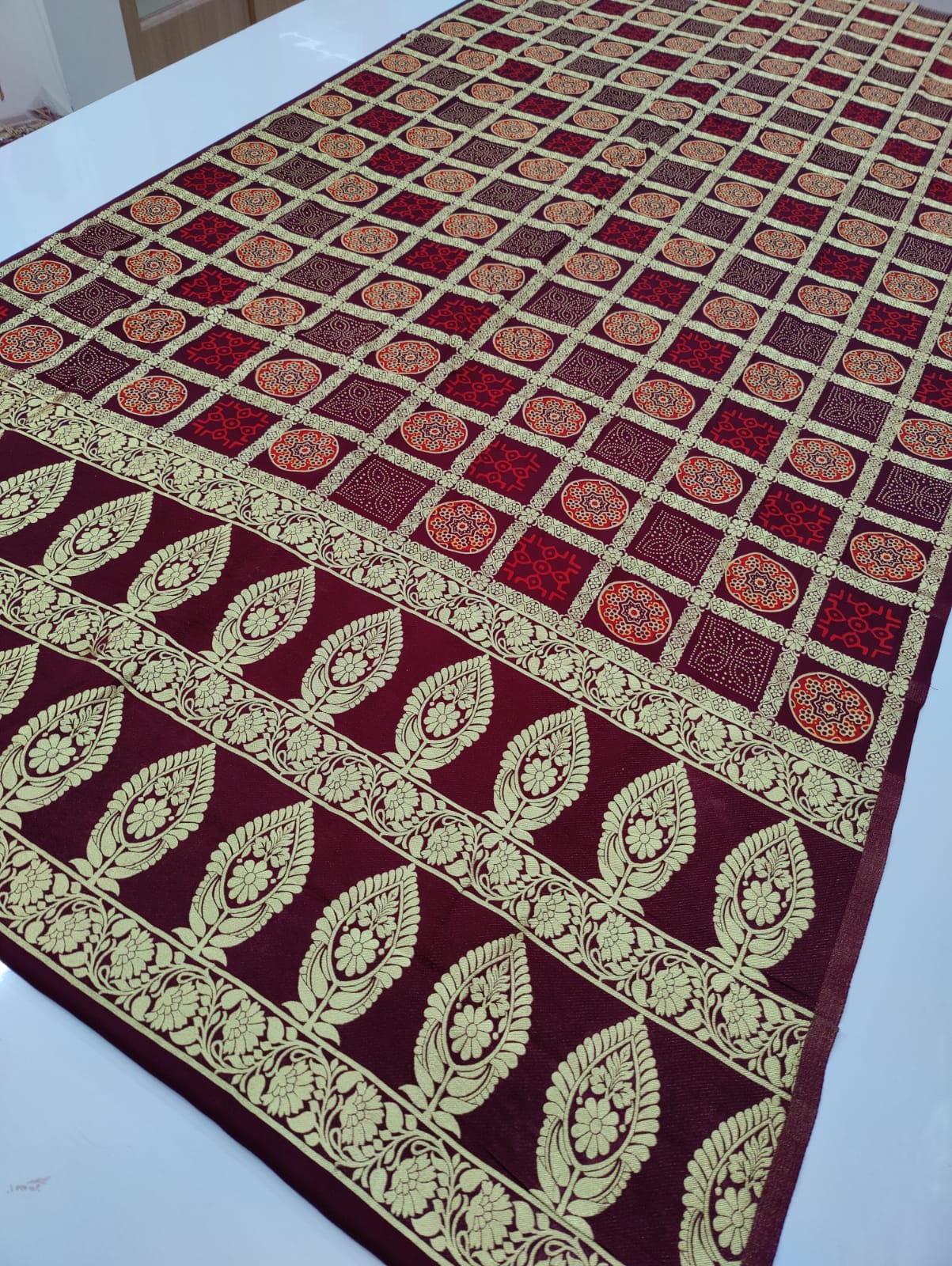 Pure Gaji Silk Khadi Hendloom Ghatchola Azarak Printe Saree With Zari Weaving Nr Kcpc Design H