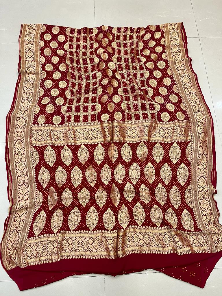 Pure Georgette Beautiful Nim Zari Bandhej Jungalo Banarasi Saree Nr Kcpc Brown