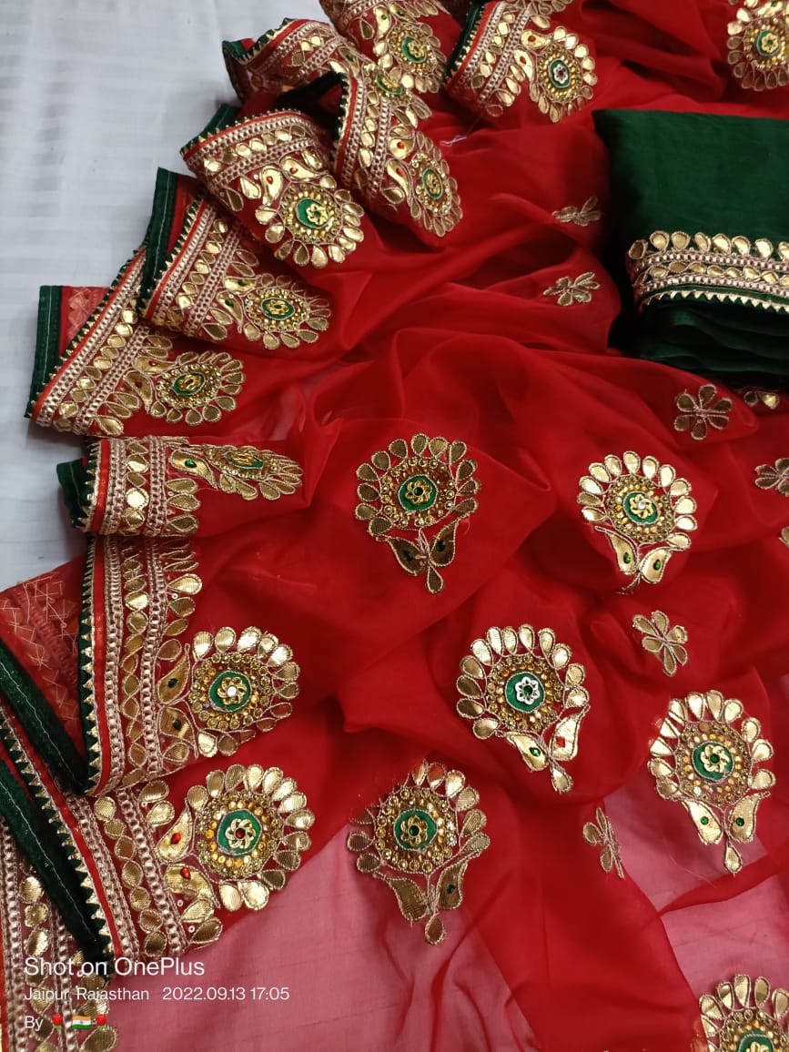 Pure Organza Gotapatti Work Saree With Contrast Blouse, NR, Meenu