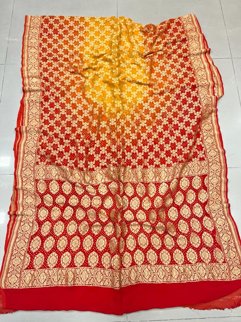 Pure Georgette Beautiful Nim Zari Bandhej Jungalo Banarasi Saree Nr Kcpc Red Yellow