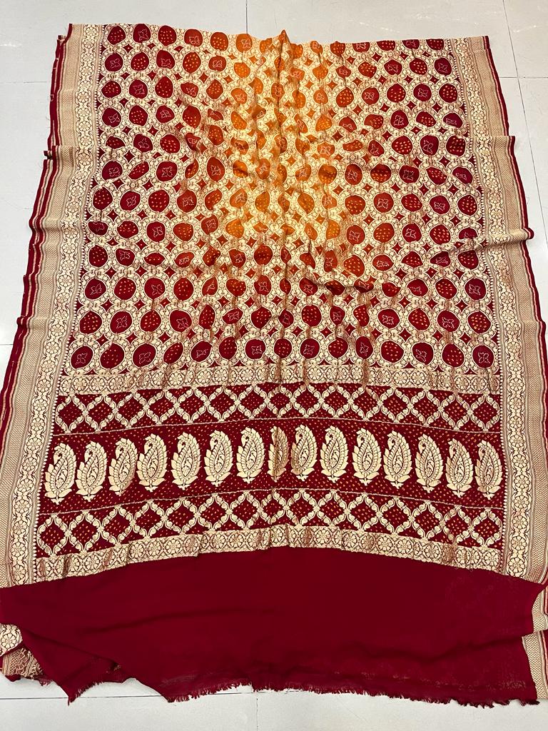 Pure Georgette Beautiful Nim Zari Bandhej Jungalo Banarasi Saree Nr Kcpc Yellow Mahroon