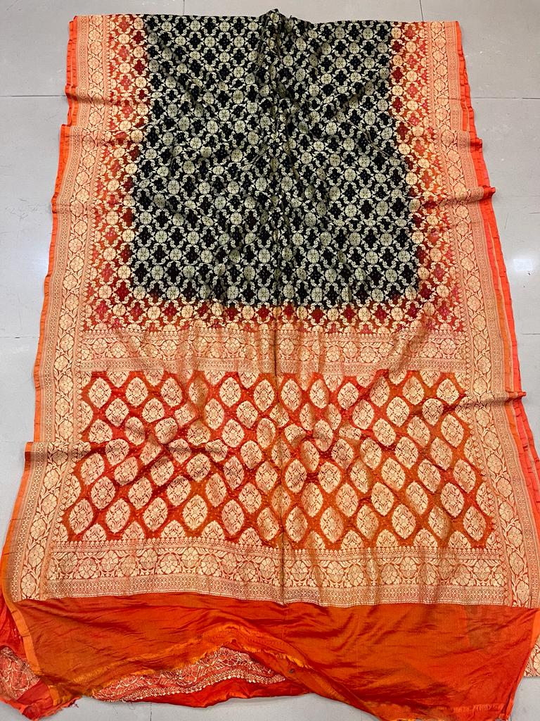 Pure Georgette Beautiful Nim Zari Bandhej Jungalo Banarasi Saree Nr Kcpc Black Orange