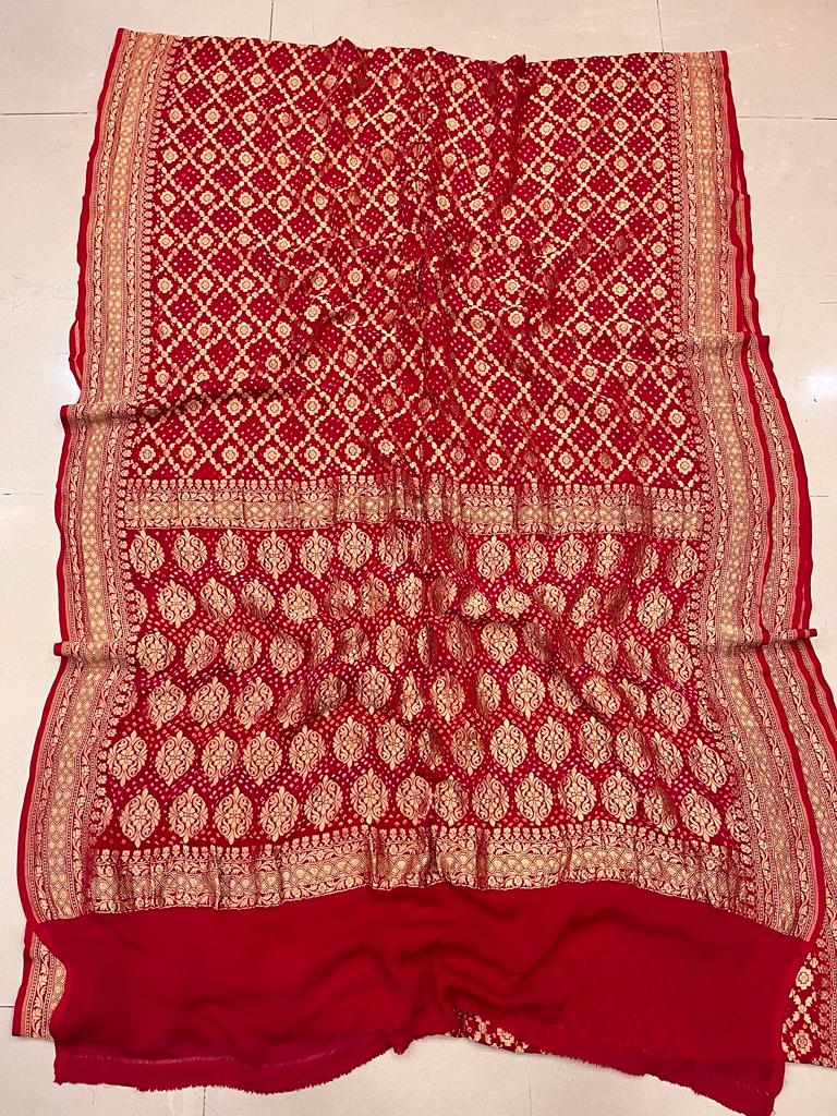 Pure Georgette Beautiful Nim Zari Bandhej Jungalo Banarasi Saree Nr Kcpc Red 3