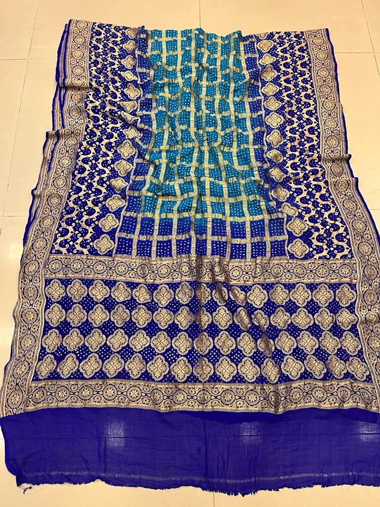 Pure Georgette Beautiful Nim Zari Bandhej Jungalo Banarasi Saree Nr Kcpc Blue Firoji