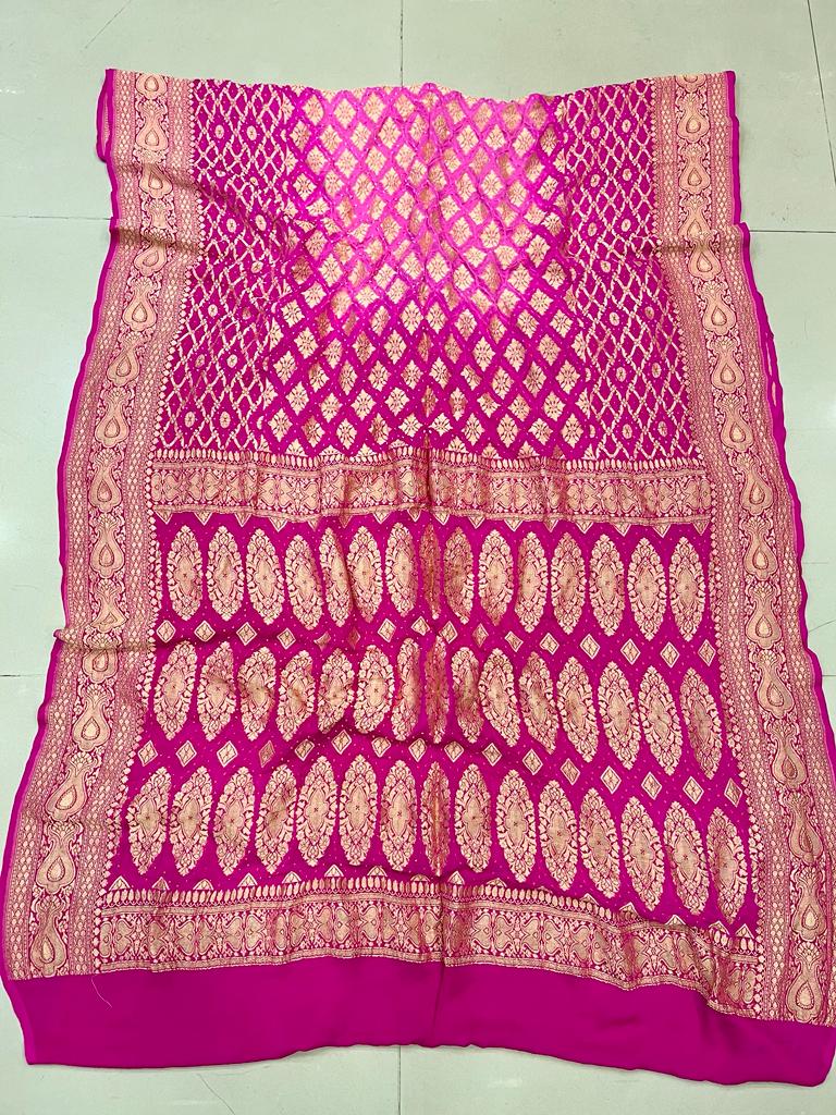 Pure Georgette Beautiful Nim Zari Bandhej Jungalo Banarasi Saree Nr Kcpc Rani