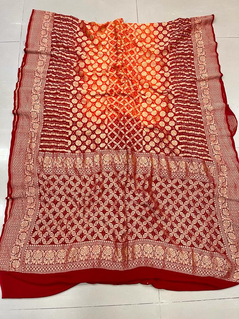 Pure Georgette Beautiful Nim Zari Bandhej Jungalo Banarasi Saree Nr Kcpc Orange Red