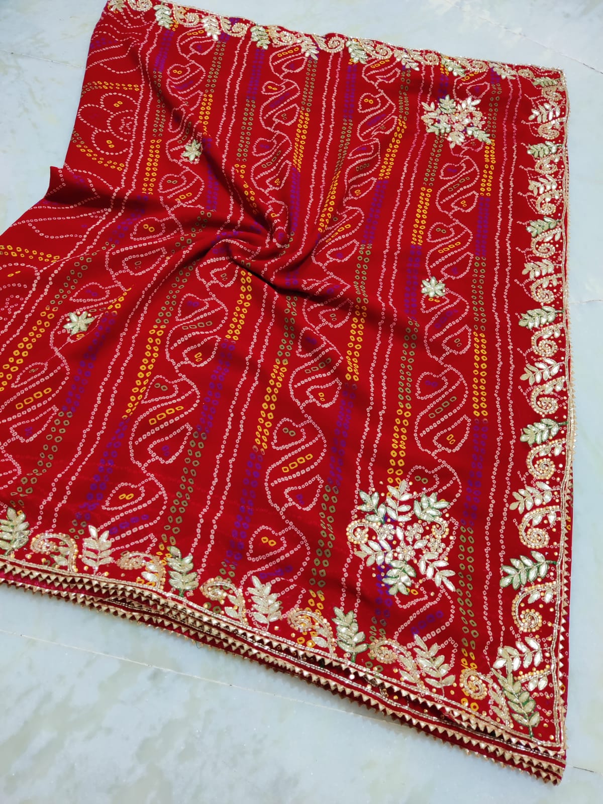 Pure Georgette Rajasthani Chunri Bandhej Saree, NR, MHS – Priyaz Gallery