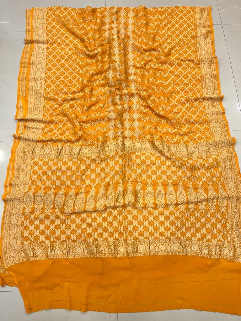 Pure Georgette Beautiful Nim Zari Bandhej Jungalo Banarasi Saree Nr Kcpc Yellow