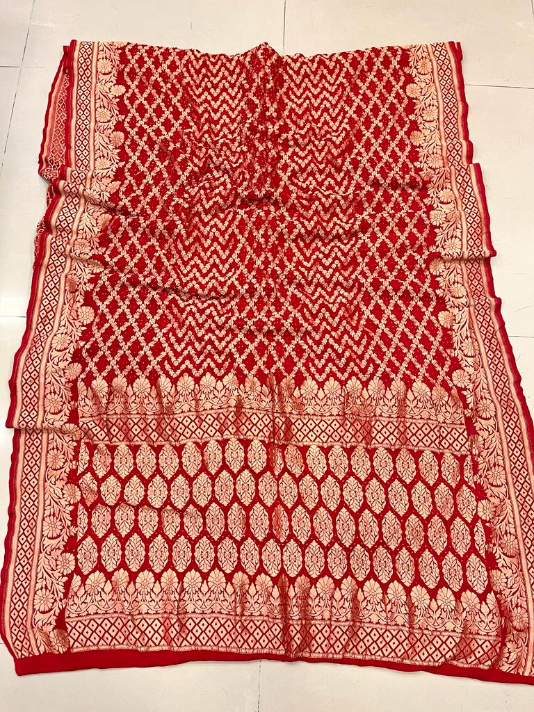 Pure Georgette Beautiful Nim Zari Bandhej Jungalo Banarasi Saree Nr Kcpc Red