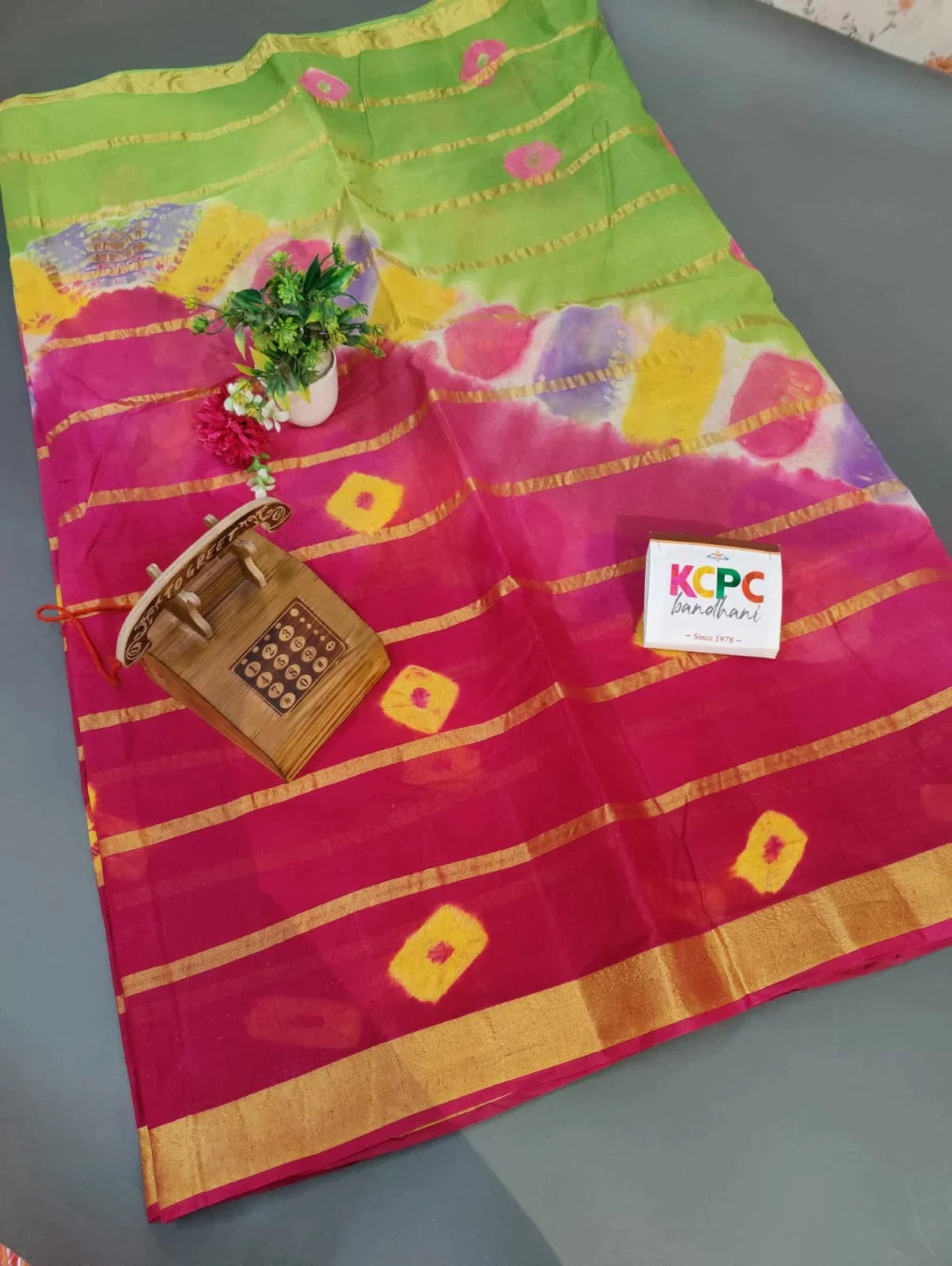 Kcpc Cotton 7 Line Zari Bandhani Shibori Saree Without Blouse Bik D04