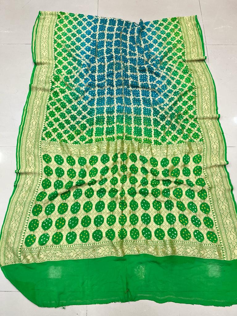 Pure Georgette Beautiful Nim Zari Bandhej Jungalo Banarasi Saree Nr Kcpc Firoji Green