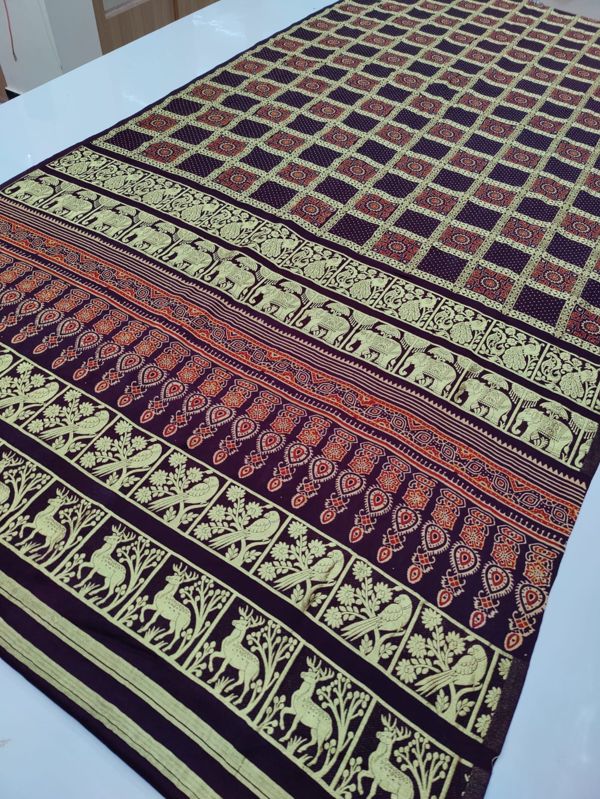 Pure Gaji Silk Khadi Hendloom Ghatchola Azarak Printe Saree With Zari Weaving Nr Kcpc Design O