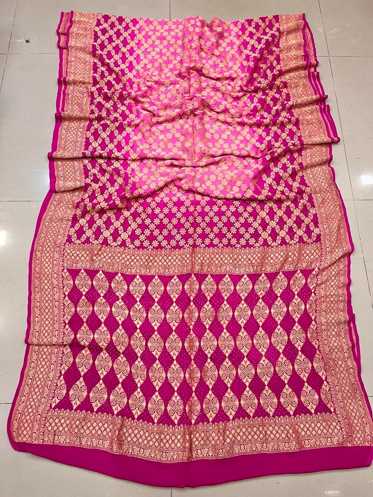 Pure Georgette Beautiful Nim Zari Bandhej Jungalo Banarasi Saree Nr Kcpc Rani A