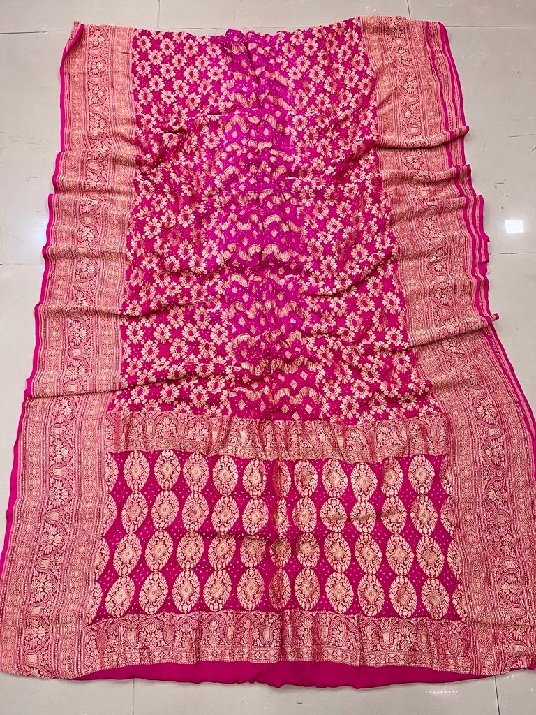 Pure Georgette Beautiful Nim Zari Bandhej Jungalo Banarasi Saree Nr Kcpc Rani B