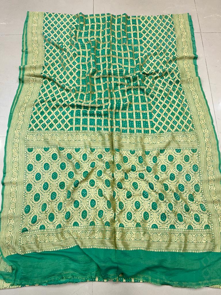 Pure Georgette Beautiful Nim Zari Bandhej Jungalo Banarasi Saree Nr Kcpc Rama