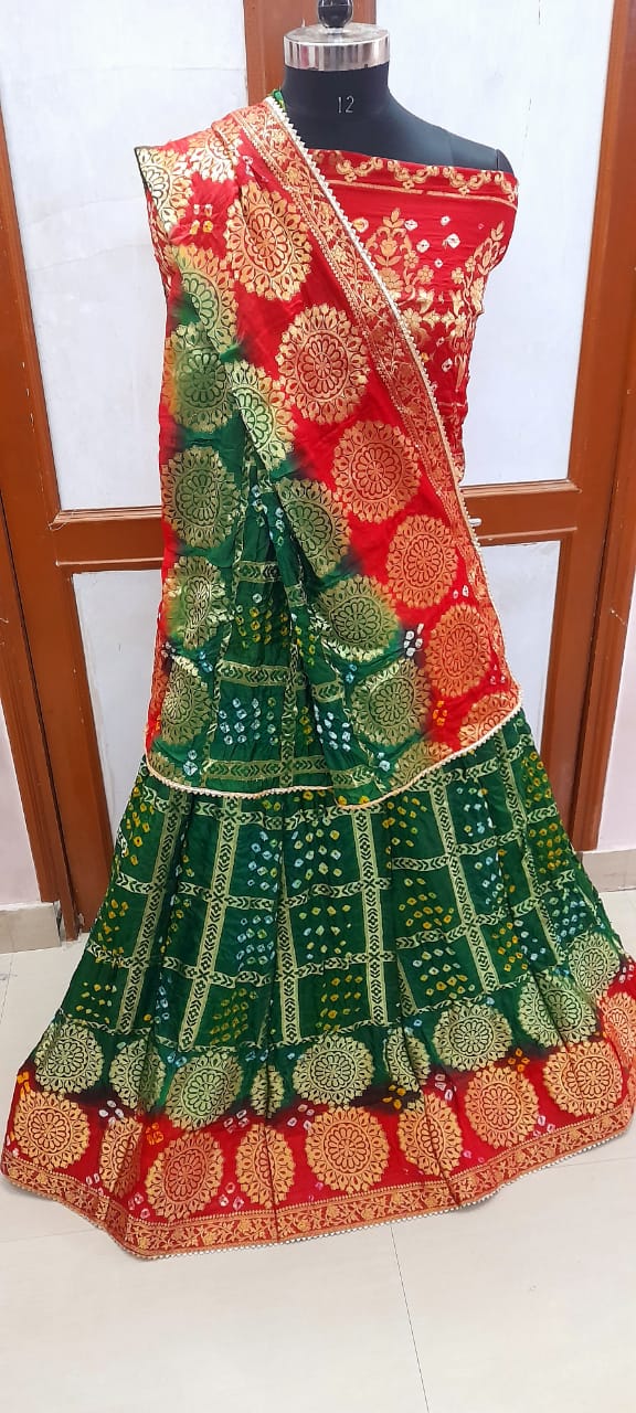 Latest Rajasthani Bandhani Gharchola Lehengas Or Kml Green Red Lehenga