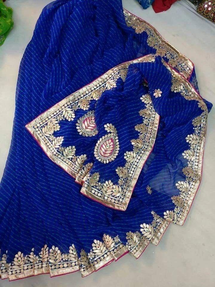 60 Gram Jorjett Fabric Lahriya Modthra Nd Bandhej Saree Kml Or Blue