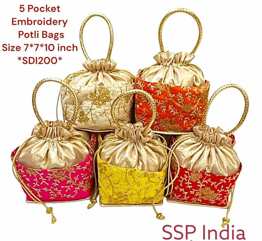 5 Pocket Embroidered Potli Bags(10Pcs) Or Ssp Return Gifts