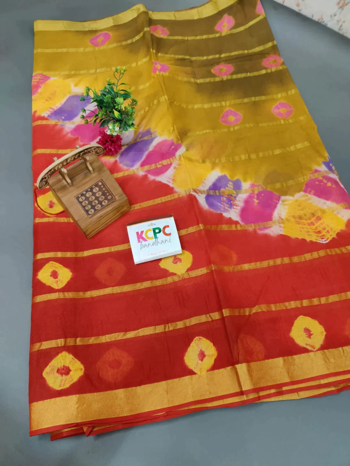 Kcpc Cotton 7 Line Zari Bandhani Shibori Saree Without Blouse Bik D06