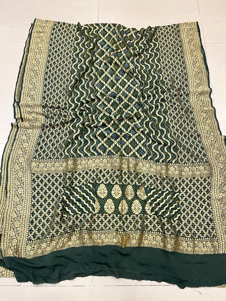 Pure Georgette Beautiful Nim Zari Bandhej Jungalo Banarasi Saree Nr Kcpc Mehndi