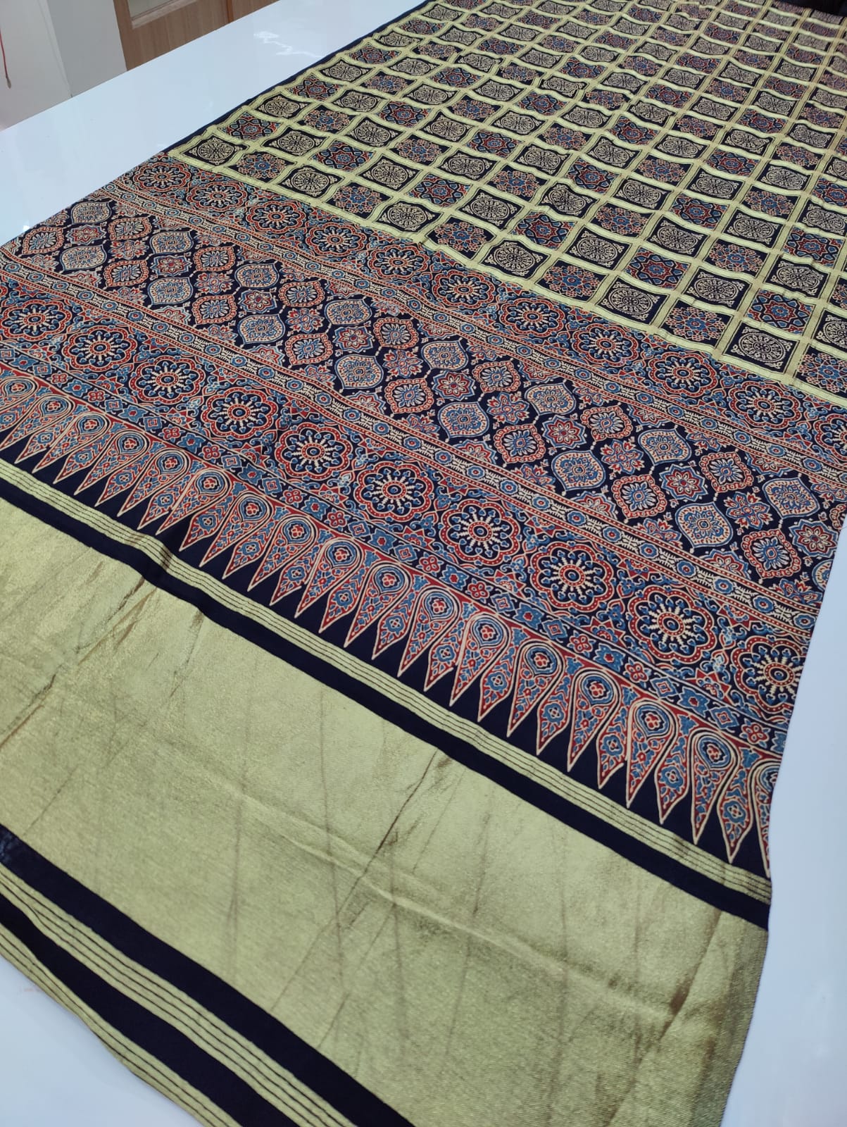 Pure Gaji Silk Khadi Hendloom Ghatchola Azarak Printe Saree With Zari Weaving Nr Kcpc Design M