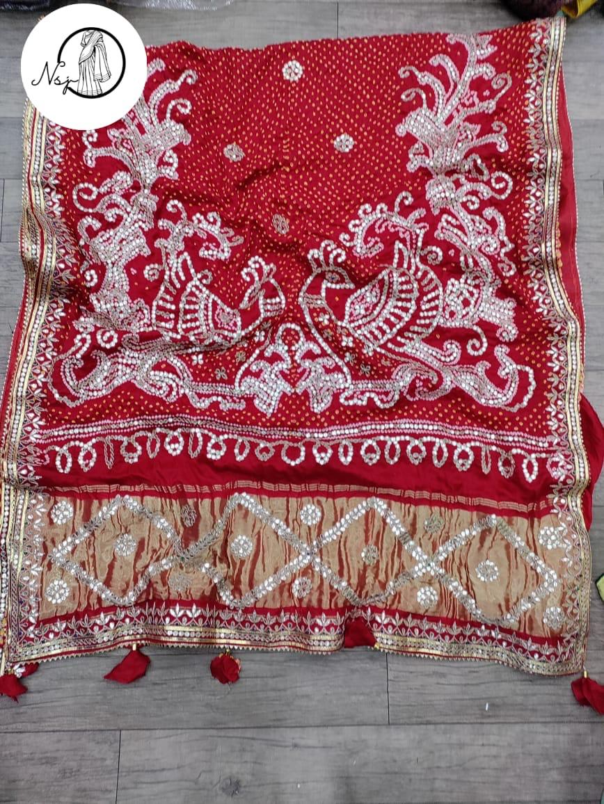 Pure Gaji Silk Zari Weaving Lovely Gotapatti Work Saree With Beautiful Taslas Id Nsj Red