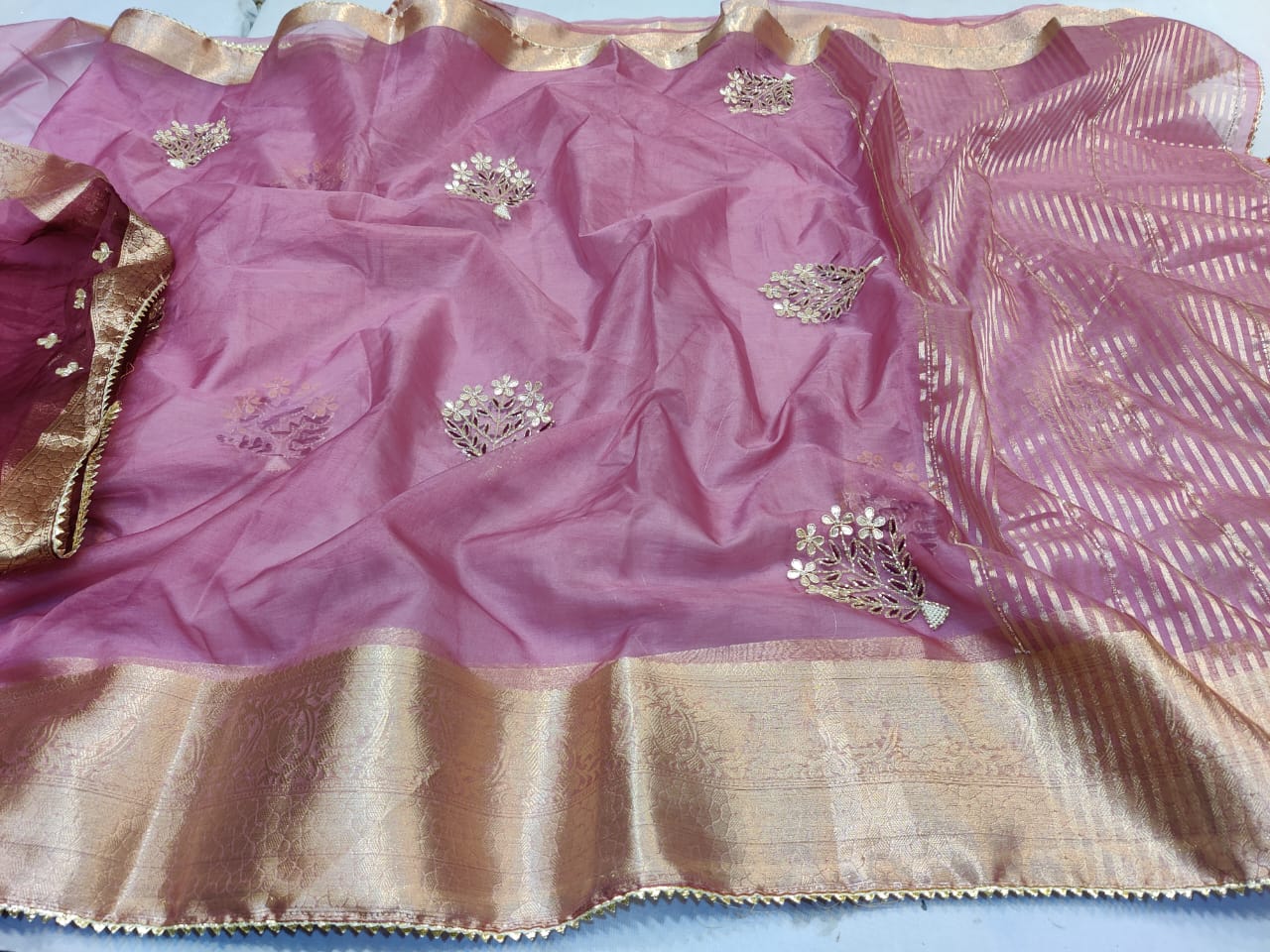 Pure Organza Silk Banarasi Weaving Saree With Gota patti Work, Or, Amit