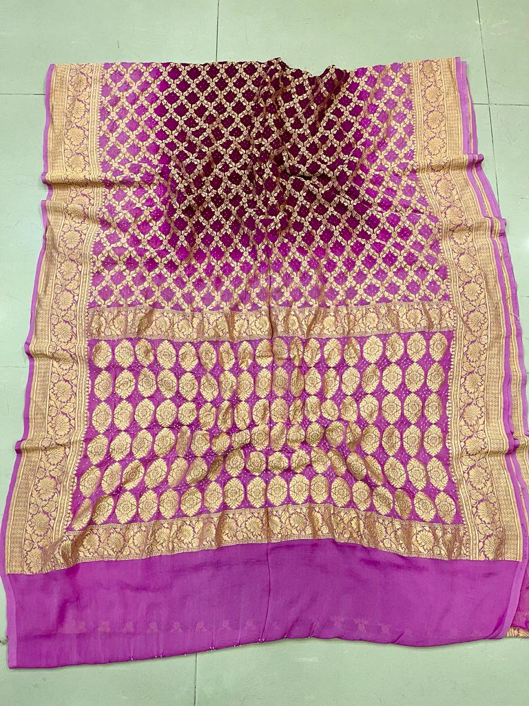 Pure Georgette Beautiful Nim Zari Bandhej Jungalo Banarasi Saree Nr Kcpc Brown Pink