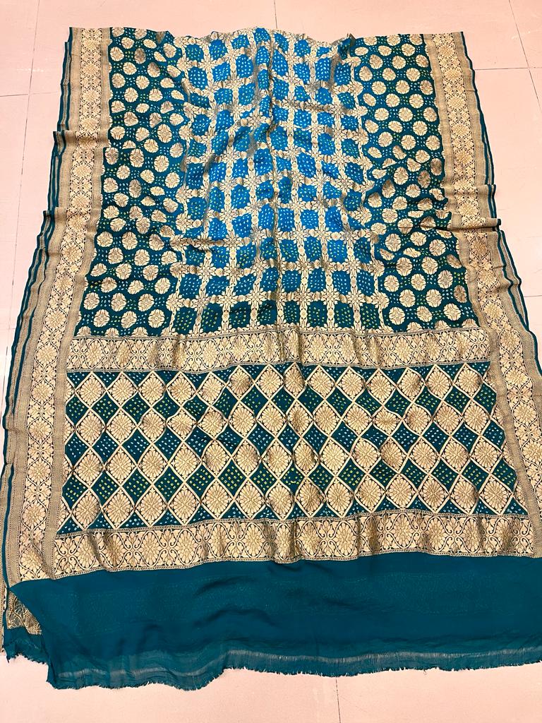 Pure Georgette Beautiful Nim Zari Bandhej Jungalo Banarasi Saree Nr Kcpc Blue Morkhanti