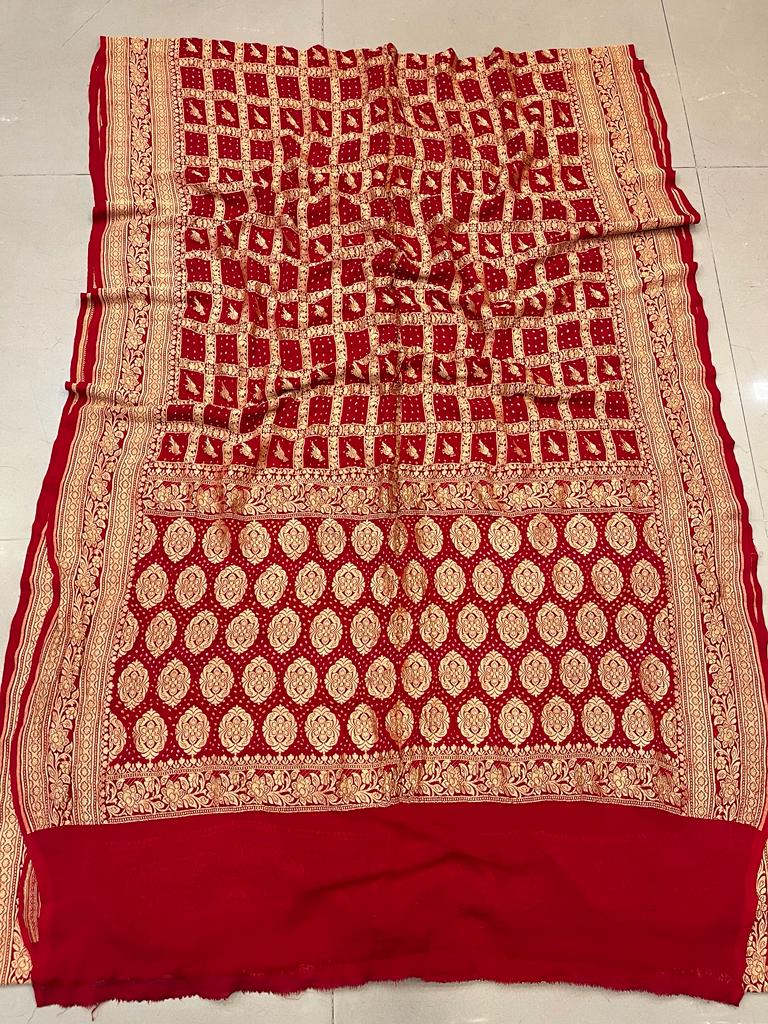 Pure Georgette Beautiful Nim Zari Bandhej Jungalo Banarasi Saree Nr Kcpc Red A