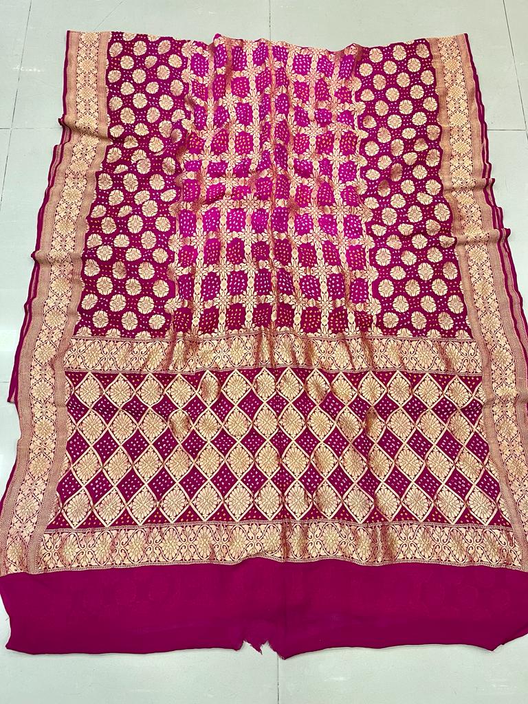 Pure Georgette Beautiful Nim Zari Bandhej Jungalo Banarasi Saree Nr Kcpc Rani D