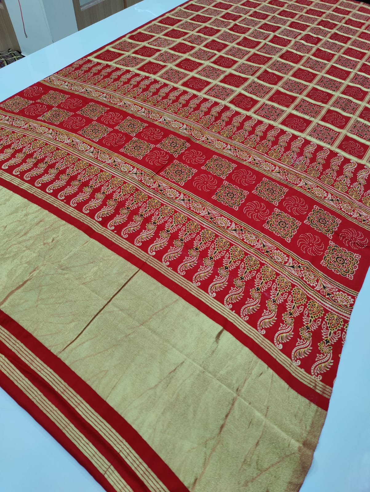 Pure Gaji Silk Khadi Hendloom Ghatchola Azarak Printe Saree With Zari Weaving Nr Kcpc Design K