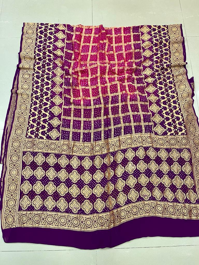 Pure Georgette Beautiful Nim Zari Bandhej Jungalo Banarasi Saree Nr Kcpc Rani Purple