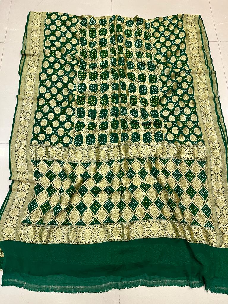 Pure Georgette Beautiful Nim Zari Bandhej Jungalo Banarasi Saree Nr Kcpc Green