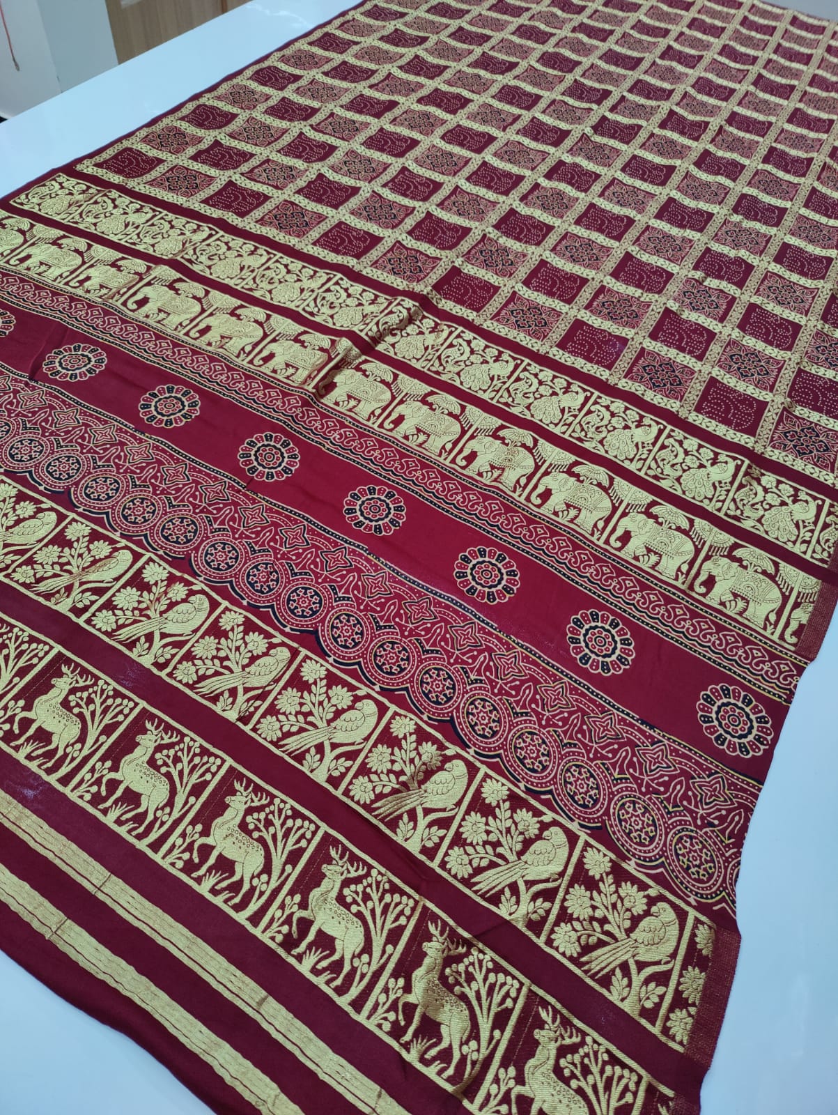 Pure Gaji Silk Khadi Hendloom Ghatchola Azarak Printe Saree With Zari Weaving Nr Kcpc Design J