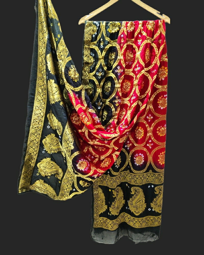 New Banarasi Bandhej Ghatchola Ring Dupatta Or Kc Black Red