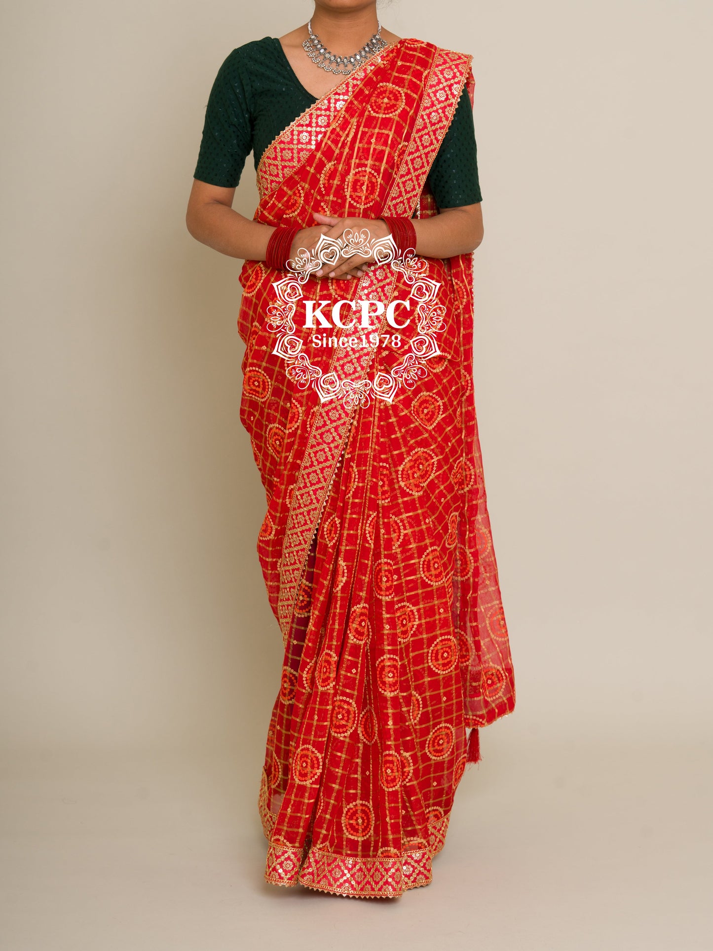 Pure Georgette Bandhani Ghatchola KcPc Gotapatti Border Saree