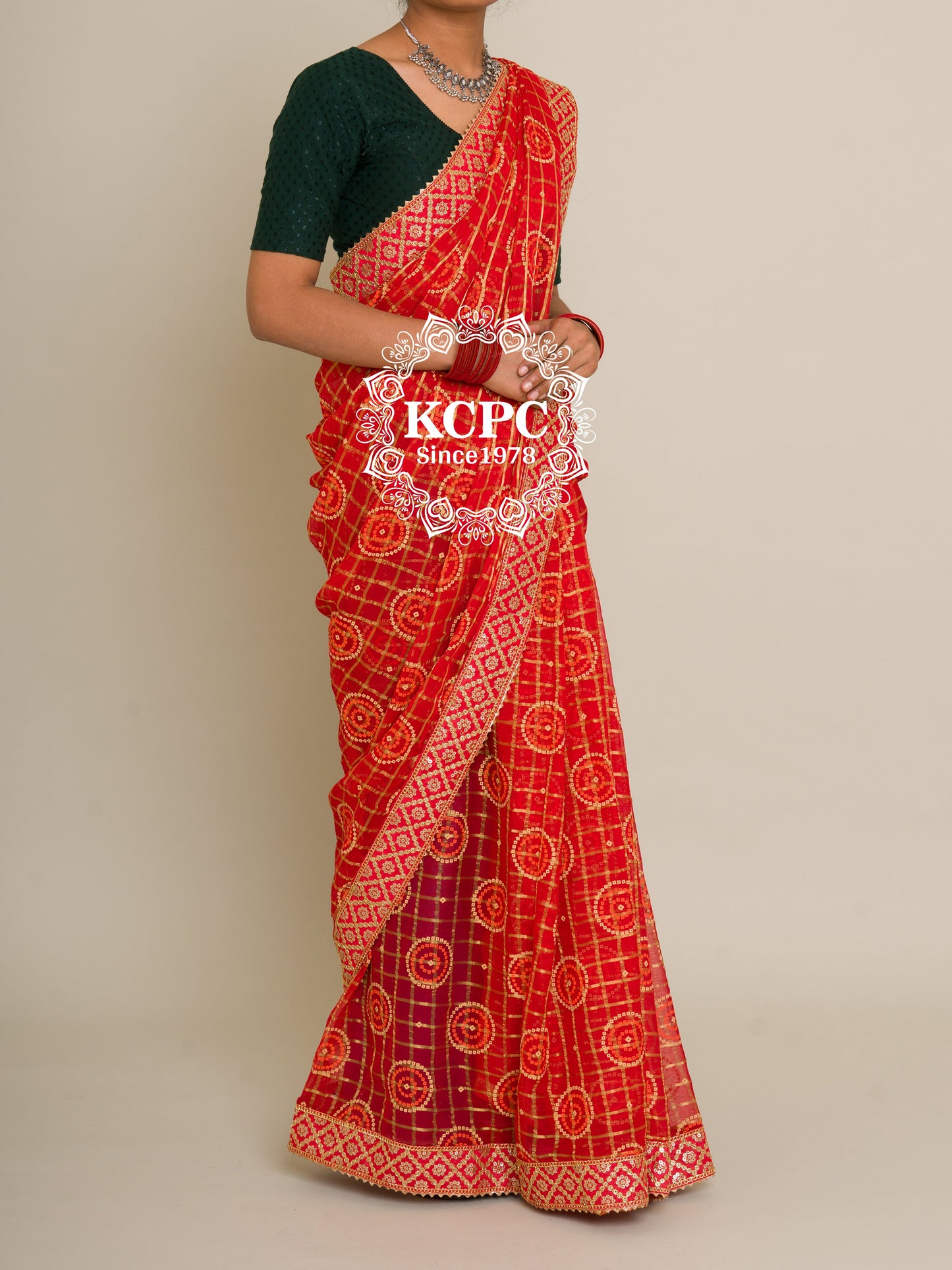 Pure Georgette Bandhani Ghatchola KcPc Gotapatti Border Saree